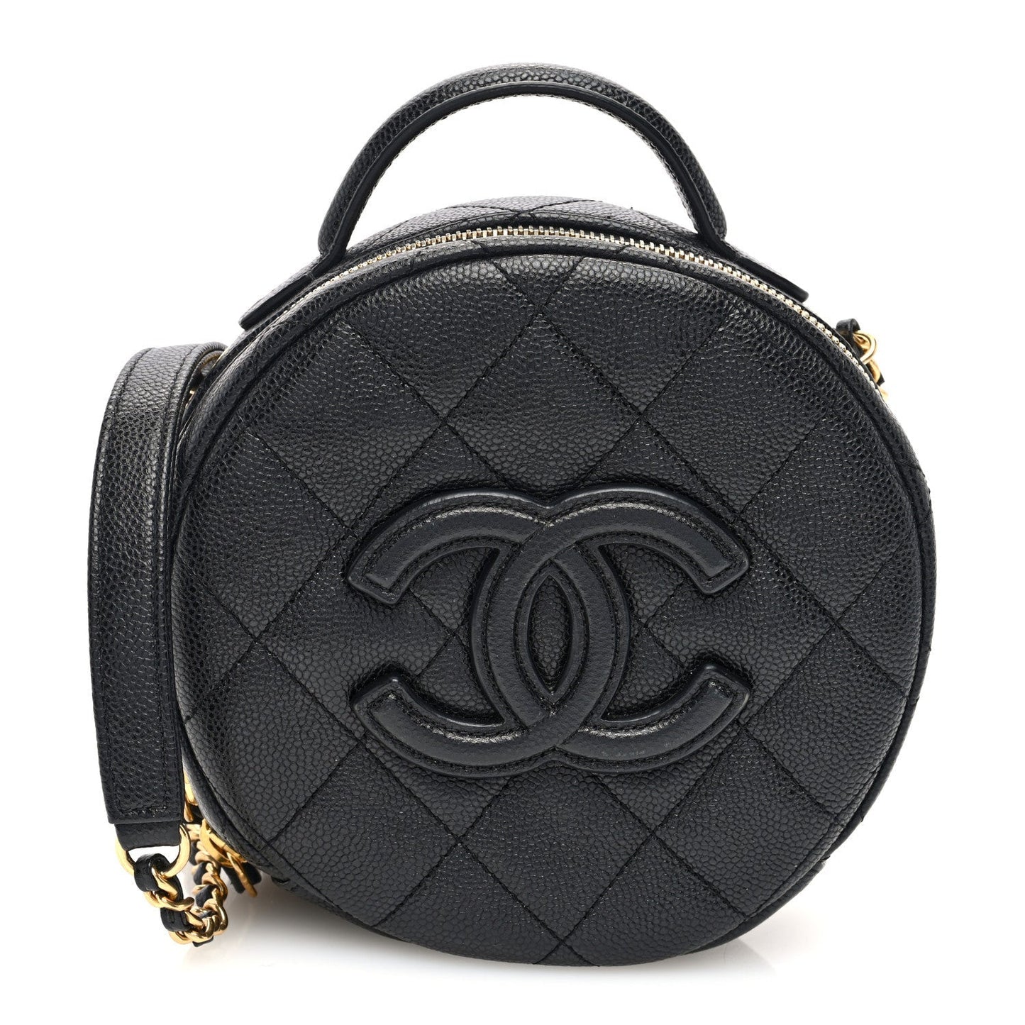 Caviar Quilted Small Round Vanity With Chain  Black