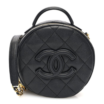Caviar Quilted Small Round Vanity With Chain  Black
