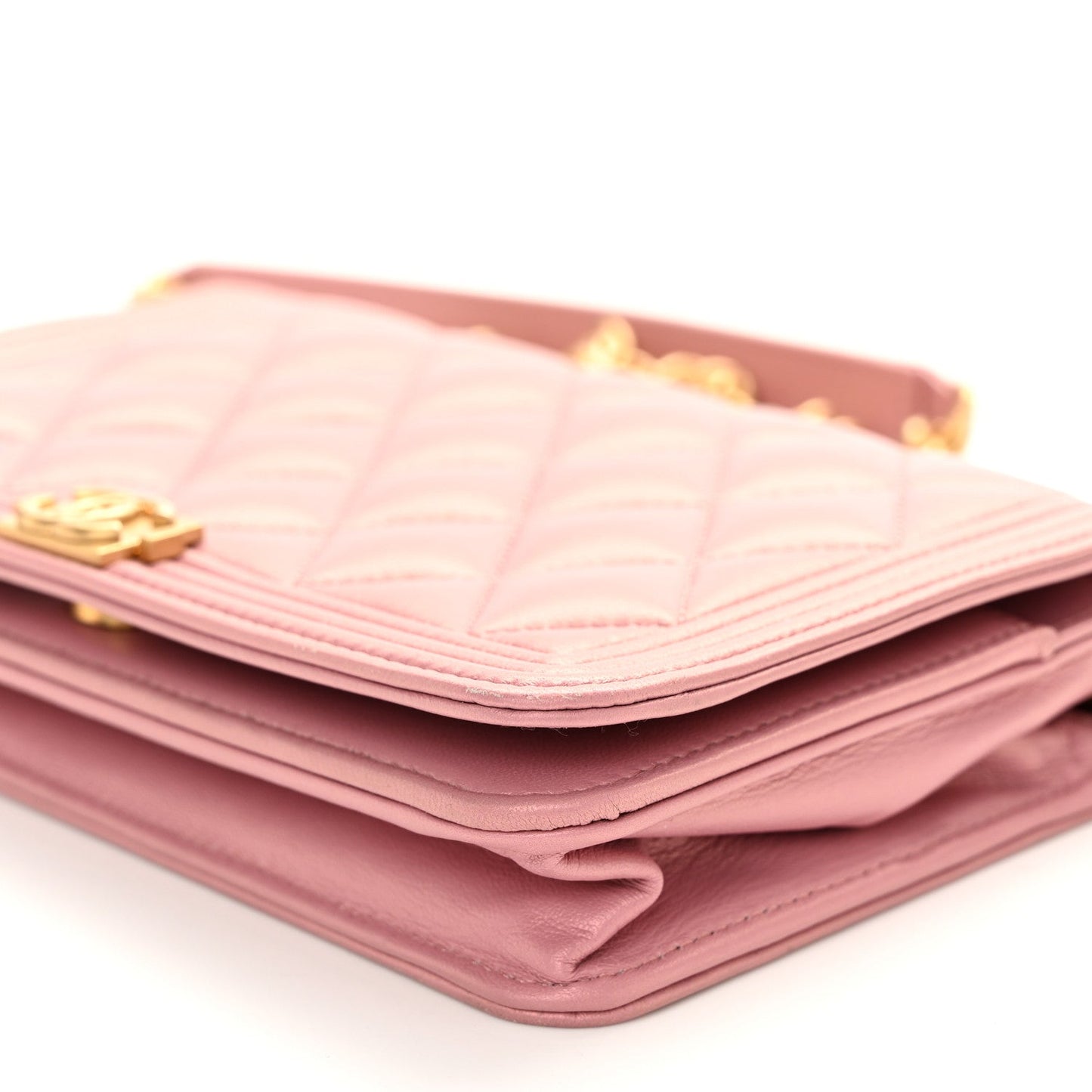 Metallic Lambskin Quilted Boy Wallet On Chain WOC Pink
