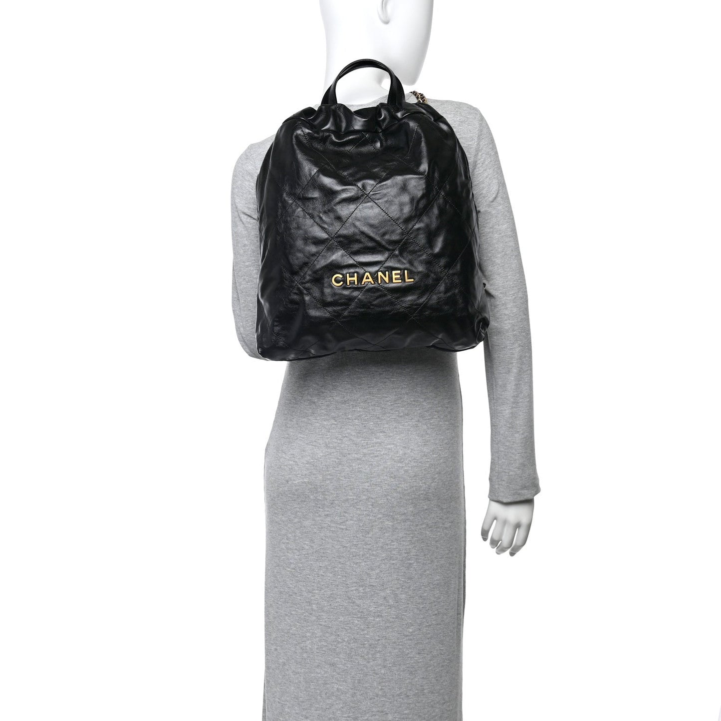 Shiny Calfskin Quilted Chanel 22 Backpack Black