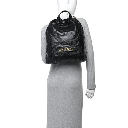 Shiny Calfskin Quilted Chanel 22 Backpack Black
