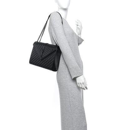 Grain De Poudre Textured Mixed Matelasse Large Triquilt Monogram Monochrome Satchel Black