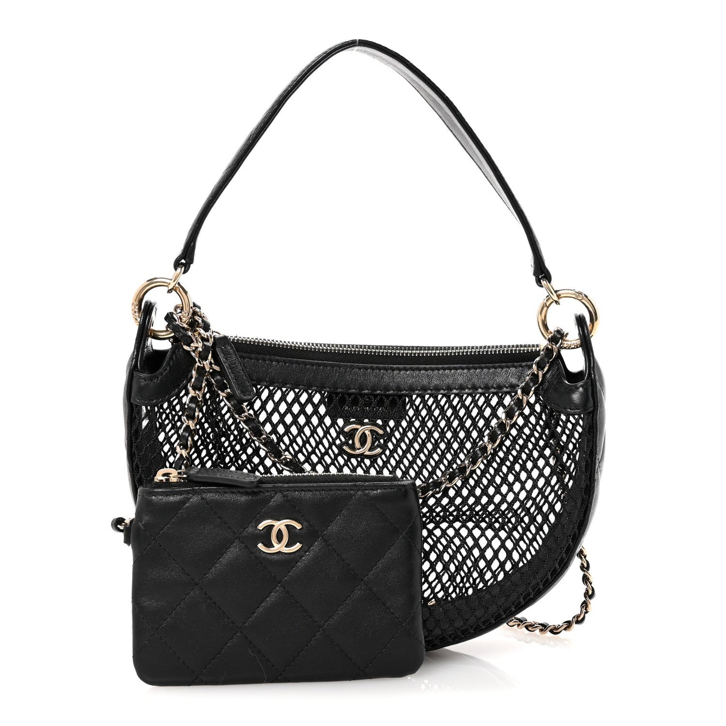 Mesh Shiny Lambskin Chain Hobo Black