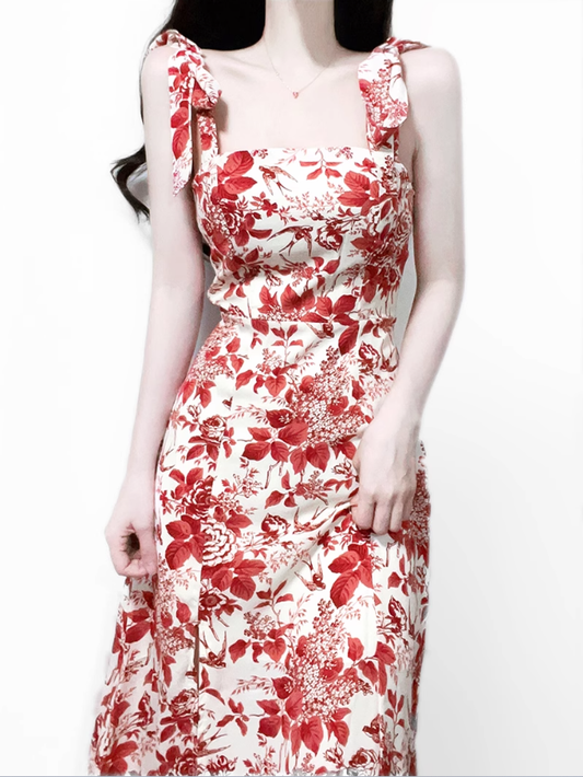 2025 Summer New Romantic Red Floral Waist Tie Holiday Suspender Dress R0922
