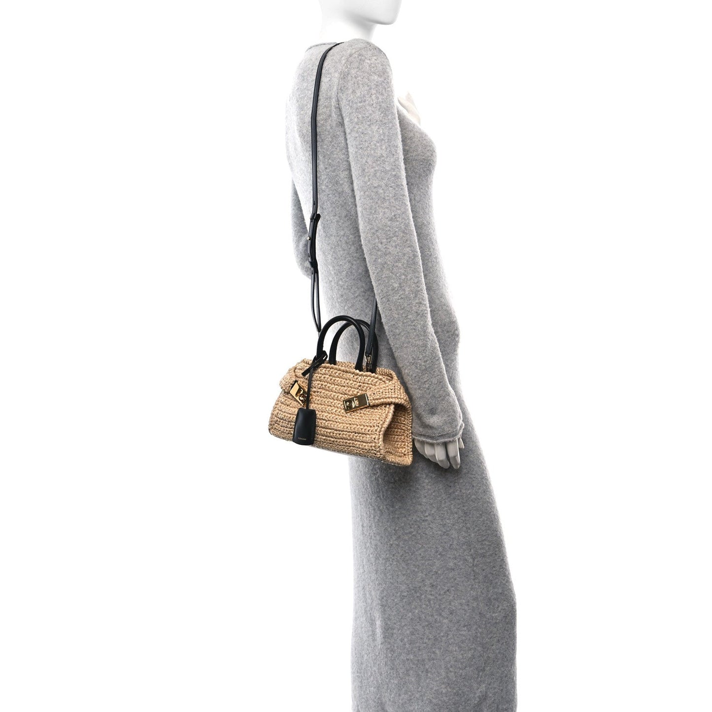 Raffia Effect Calfskin XS Hug Bag Natural Black