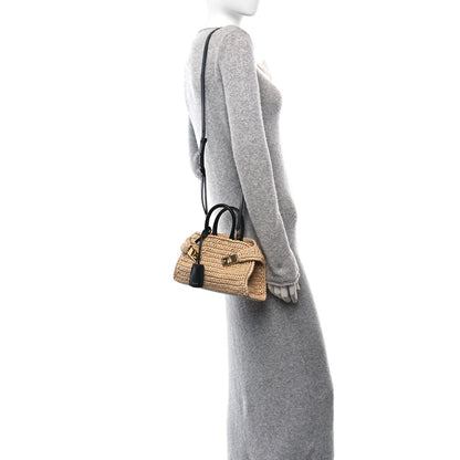 Raffia Effect Calfskin XS Hug Bag Natural Black