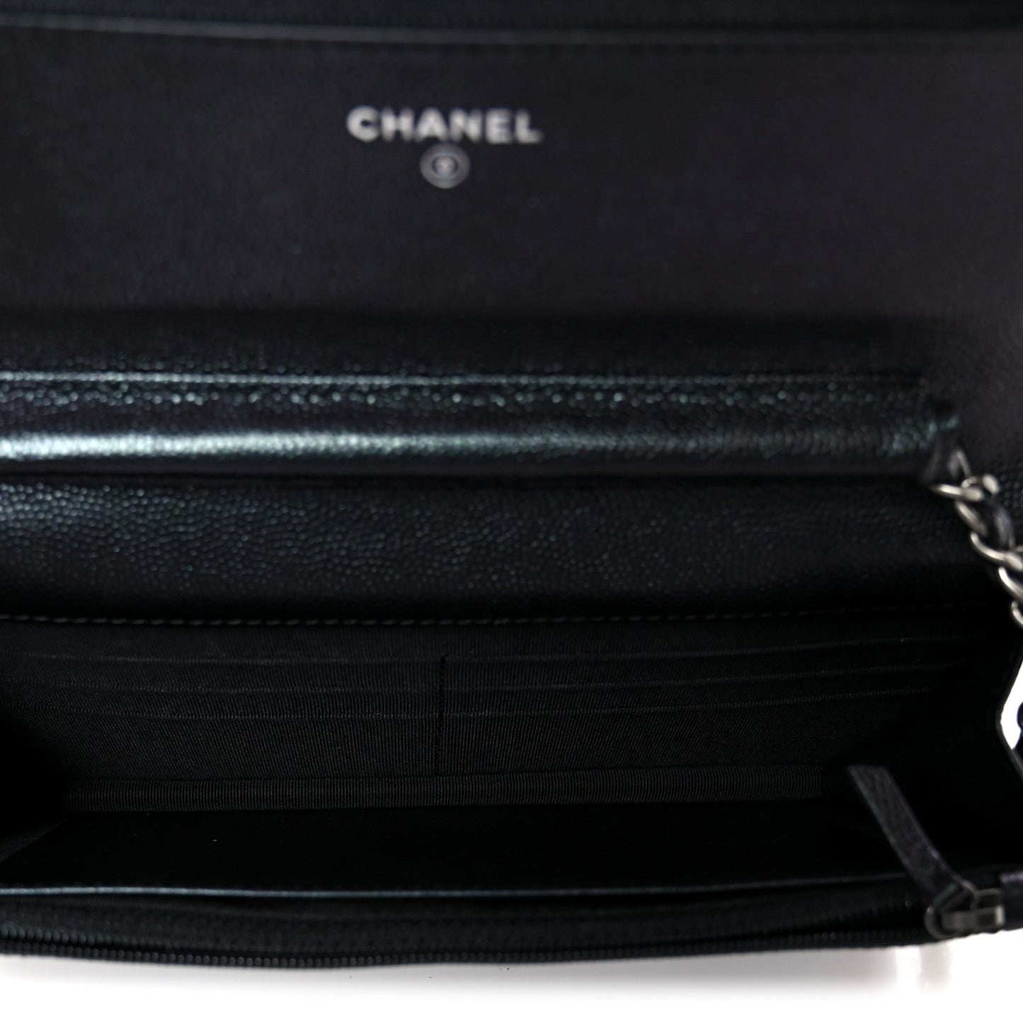 Iridescent Caviar Chevron Quilted Wallet On Chain WOC Black