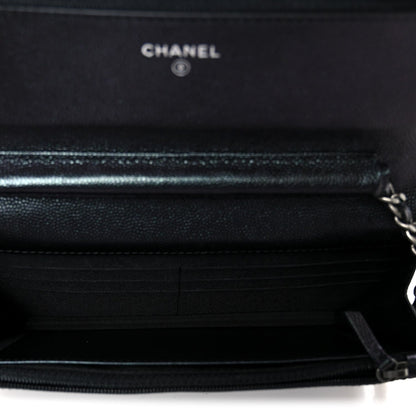Iridescent Caviar Chevron Quilted Wallet On Chain WOC Black