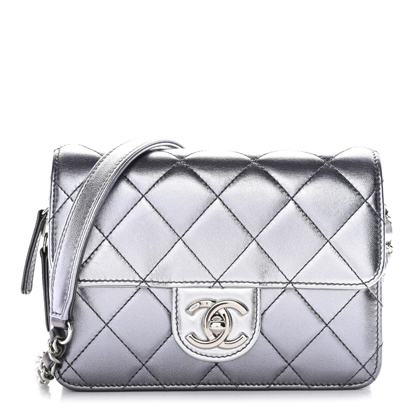Metallic Lambskin Like A Wallet Flap Silvery Black