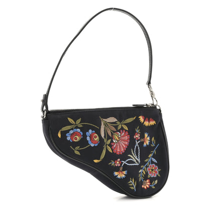 Satin Embroidered Floral Mini Saddle Pochette Bag Black