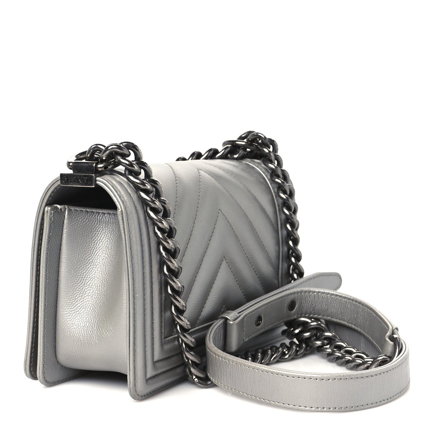 Metallic Caviar Chevron Quilted Small Boy Flap Silver