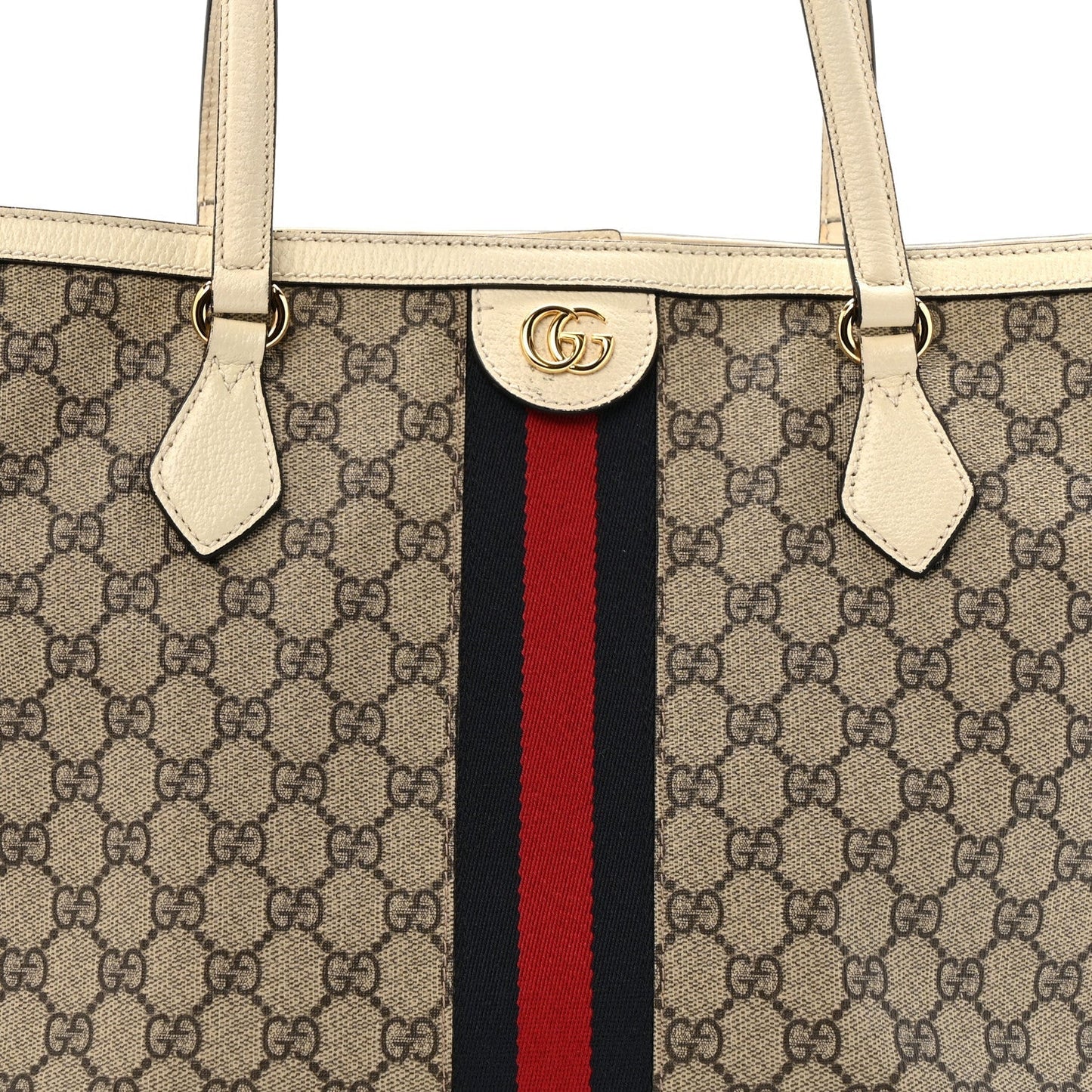 GG Supreme Monogram Textured Dollar Calfskin Web Medium Ophidia Shopping Tote Beige Ebony Mystic White