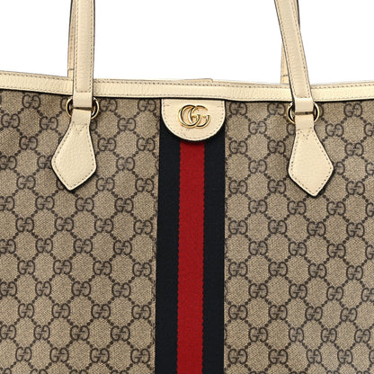 GG Supreme Monogram Textured Dollar Calfskin Web Medium Ophidia Shopping Tote Beige Ebony Mystic White