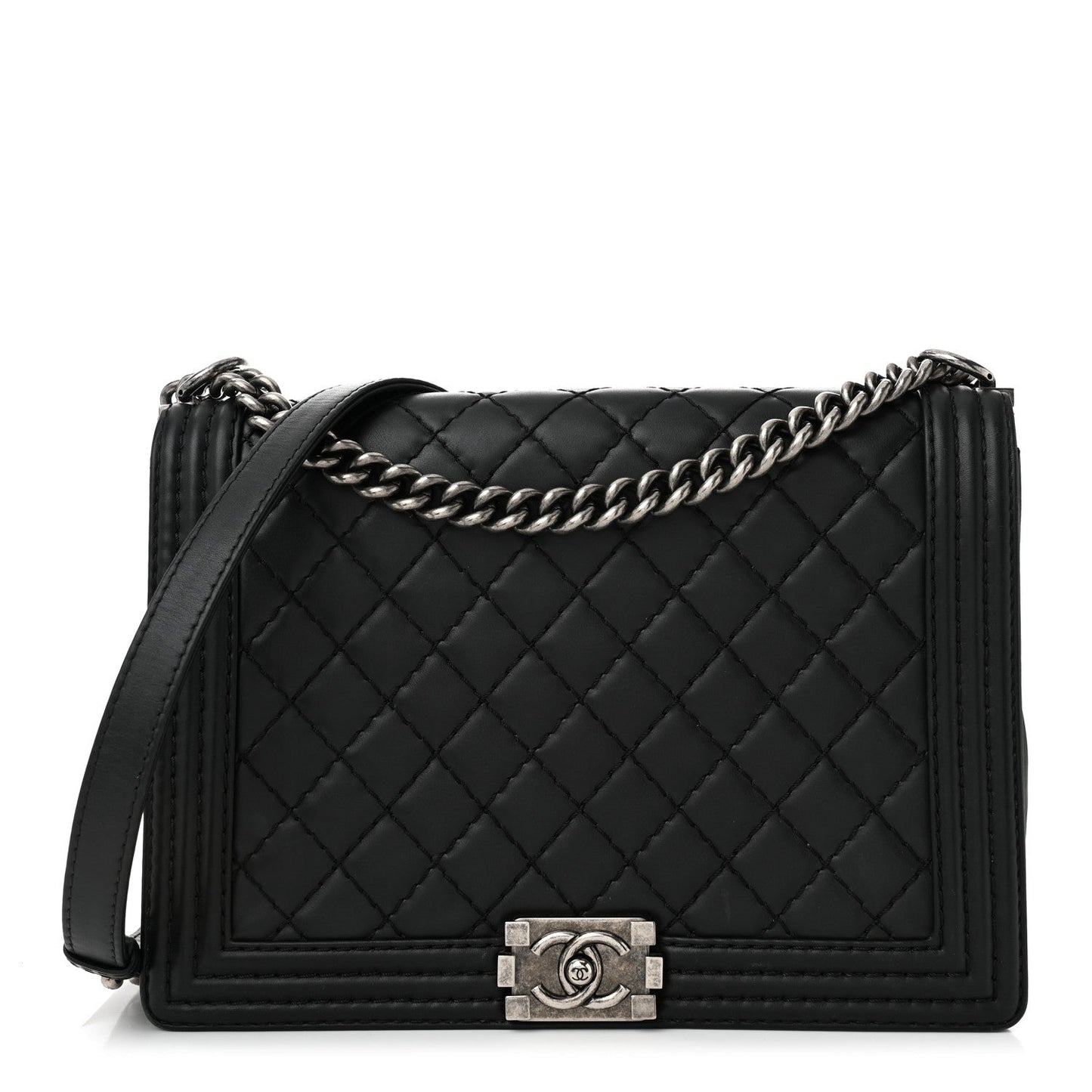 Calfskin Double Stitch Large Boy Flap Black