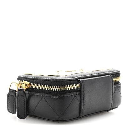Lambskin Metal Quilted Extra Mini Vanity Case With Chain Black Gold
