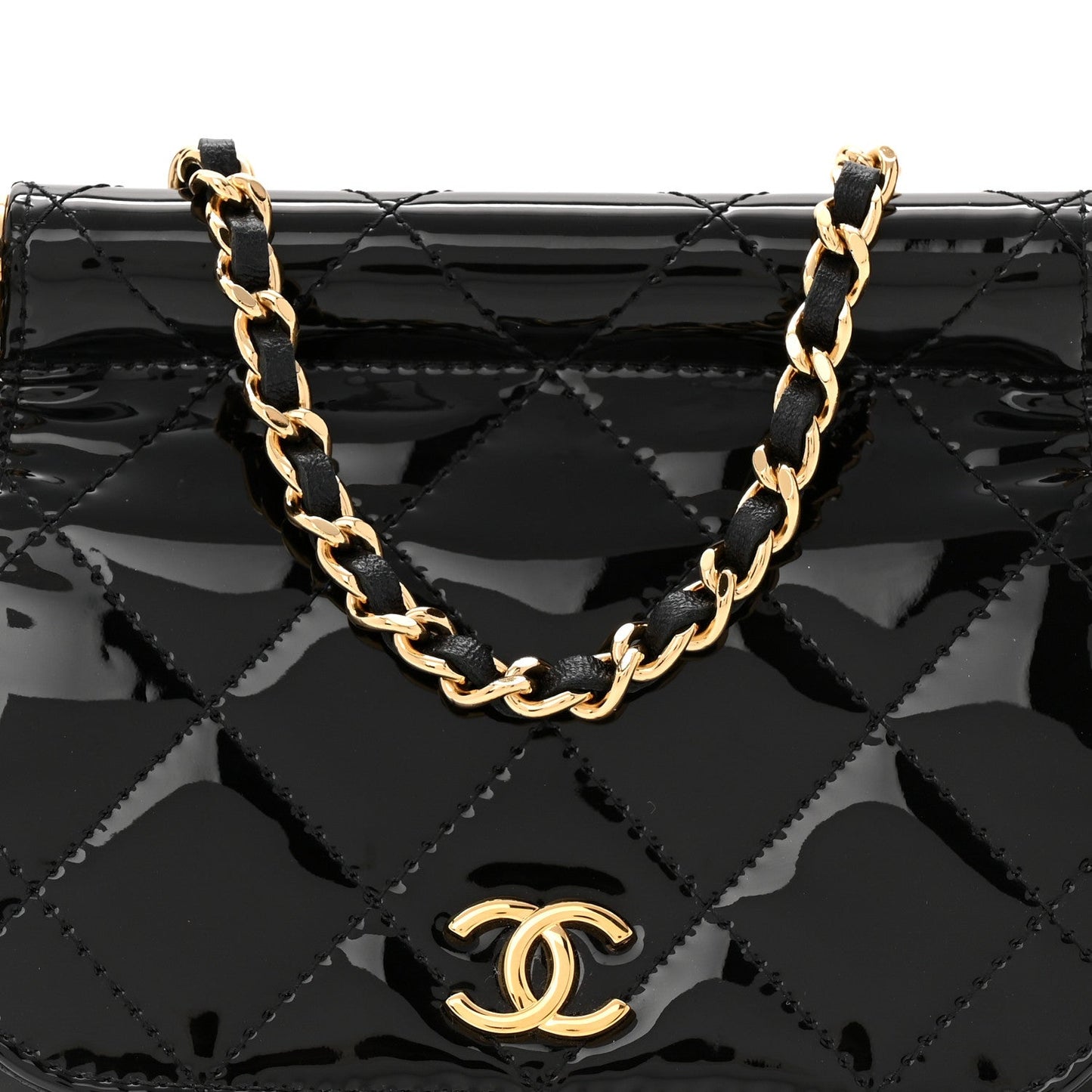 Patent Quilted Frame Clutch Flap With Chain Black
