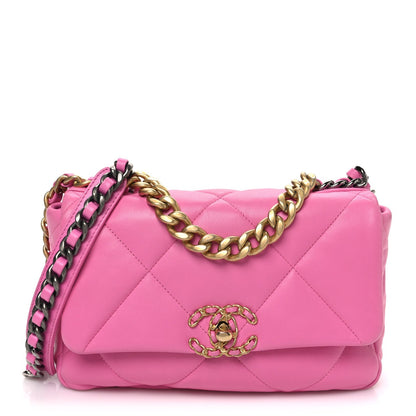 Shiny Lambskin Quilted Medium Chanel 19 Flap Neon Pink