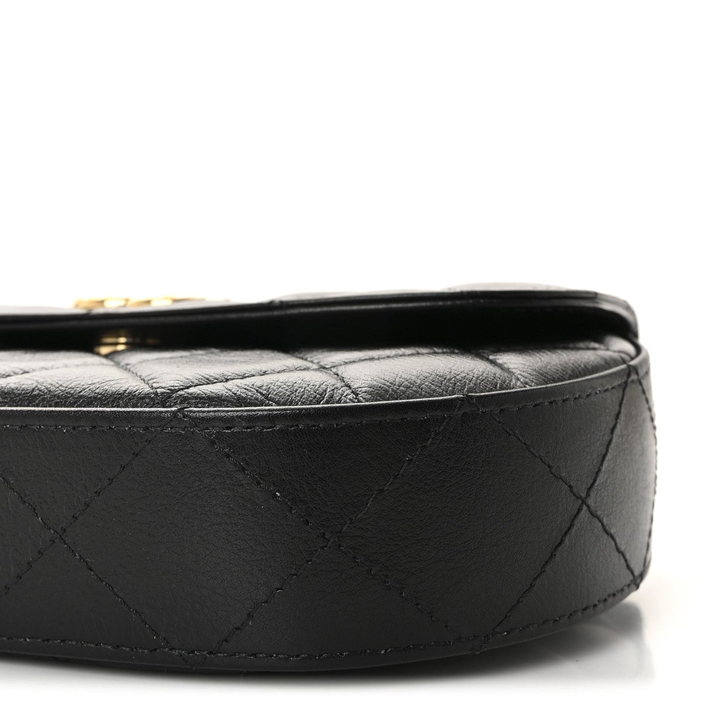 Shiny Aged Calfskin Quilted Flap Phone Holder With Chain Black