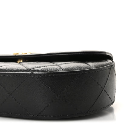 Shiny Aged Calfskin Quilted Flap Phone Holder With Chain Black