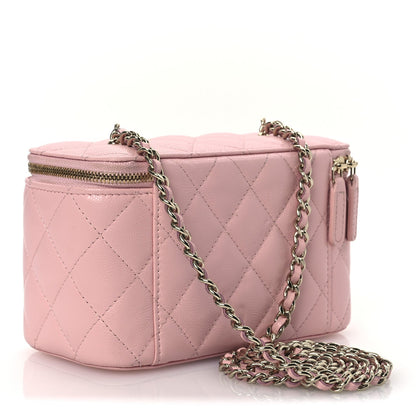 Caviar Quilted Crystal CC Logo Vanity Case With Chain Pink