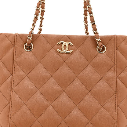 Caviar Quilted Small Shopping Tote Dark Beige