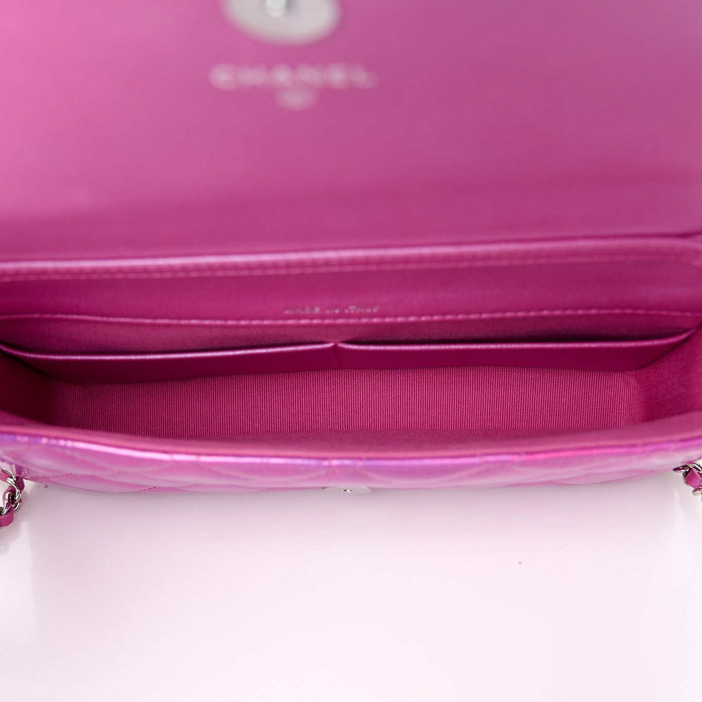 Iridescent Mirror Goatskin Quilted Clutch With Chain Pink