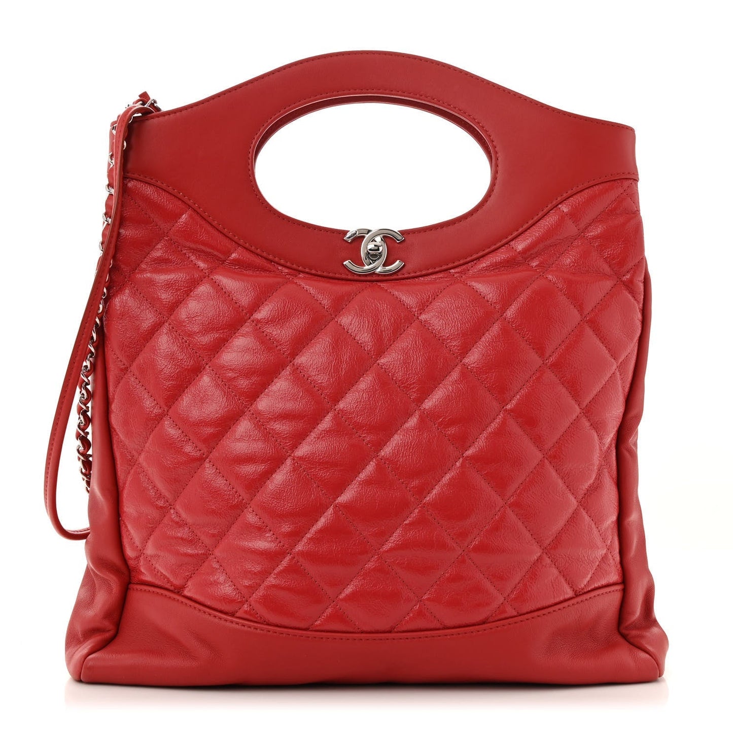 Shiny Crumpled Calfskin Quilted 31 Shopping Bag Red