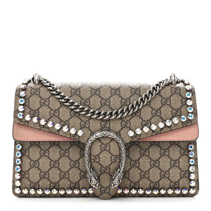 GG Supreme Monogram Suede Crystal Small Dionysus Shoulder Bag Beige Ebony Light Peonia