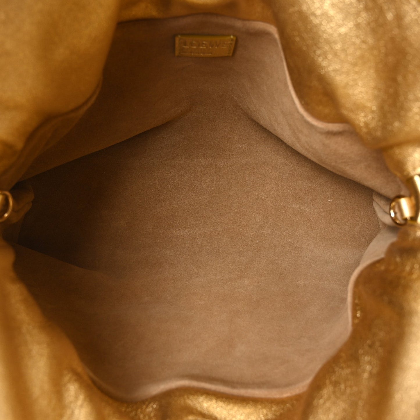 Metallic Laminated Lambskin Medium Scale Flamenco Knot Clutch Gold