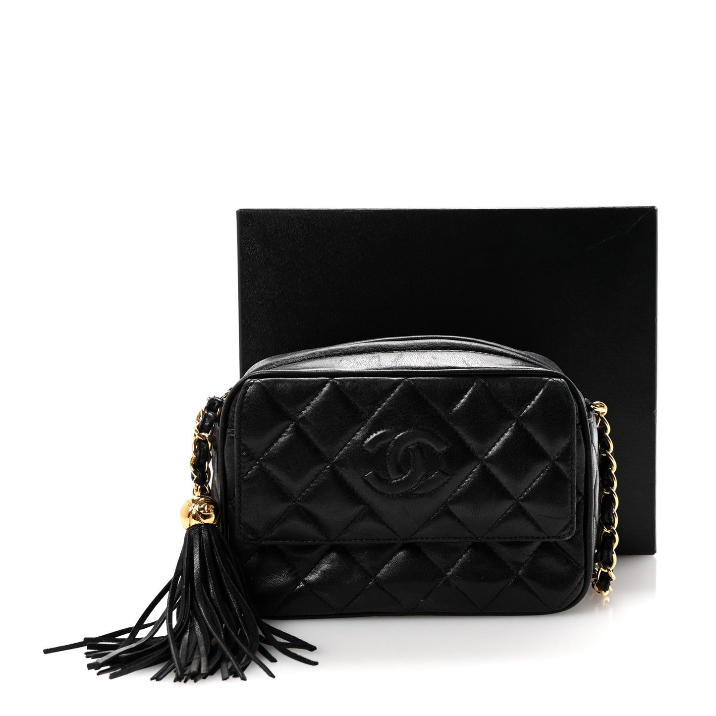Lambskin Quilted Tassel Camera Case Black