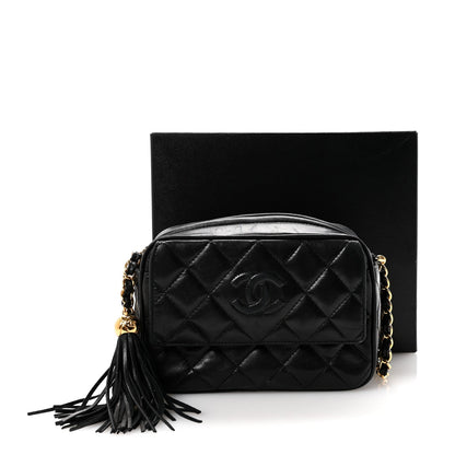 Lambskin Quilted Tassel Camera Case Black
