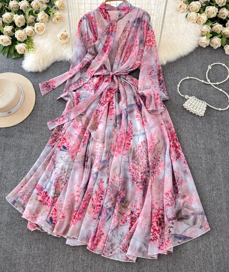French elegant dress spring dress with bow tie collar slim fit long swing chiffon holiday dress R0351