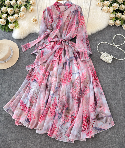 French elegant dress spring dress with bow tie collar slim fit long swing chiffon holiday dress R0351