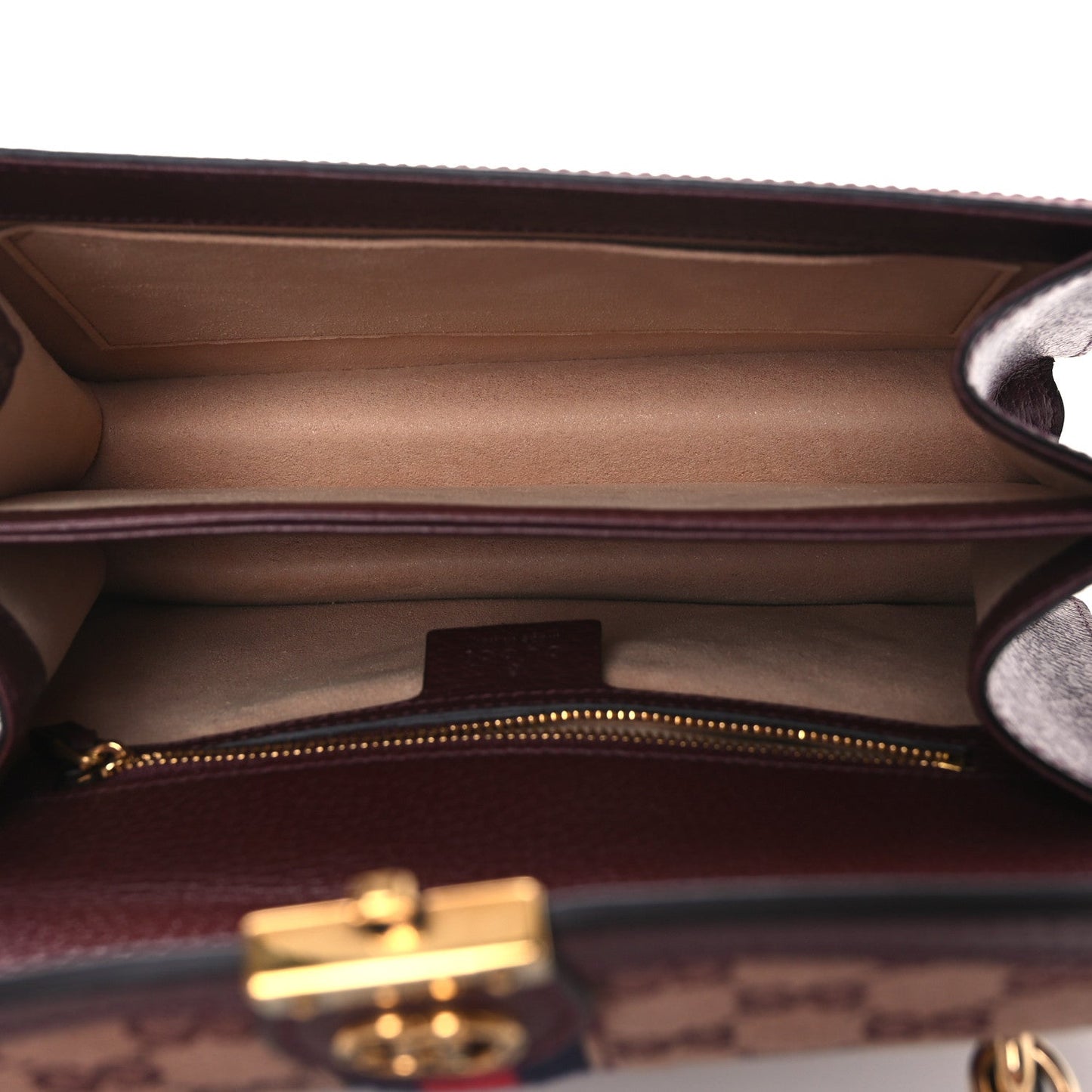GG Supreme Monogram Textured Dollar Calfskin Web Small Ophidia Padlock Top Handle Bag Bordeaux