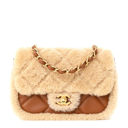 Shearling Lambskin Quilted Mini Furry Coco Flap Beige Brown
