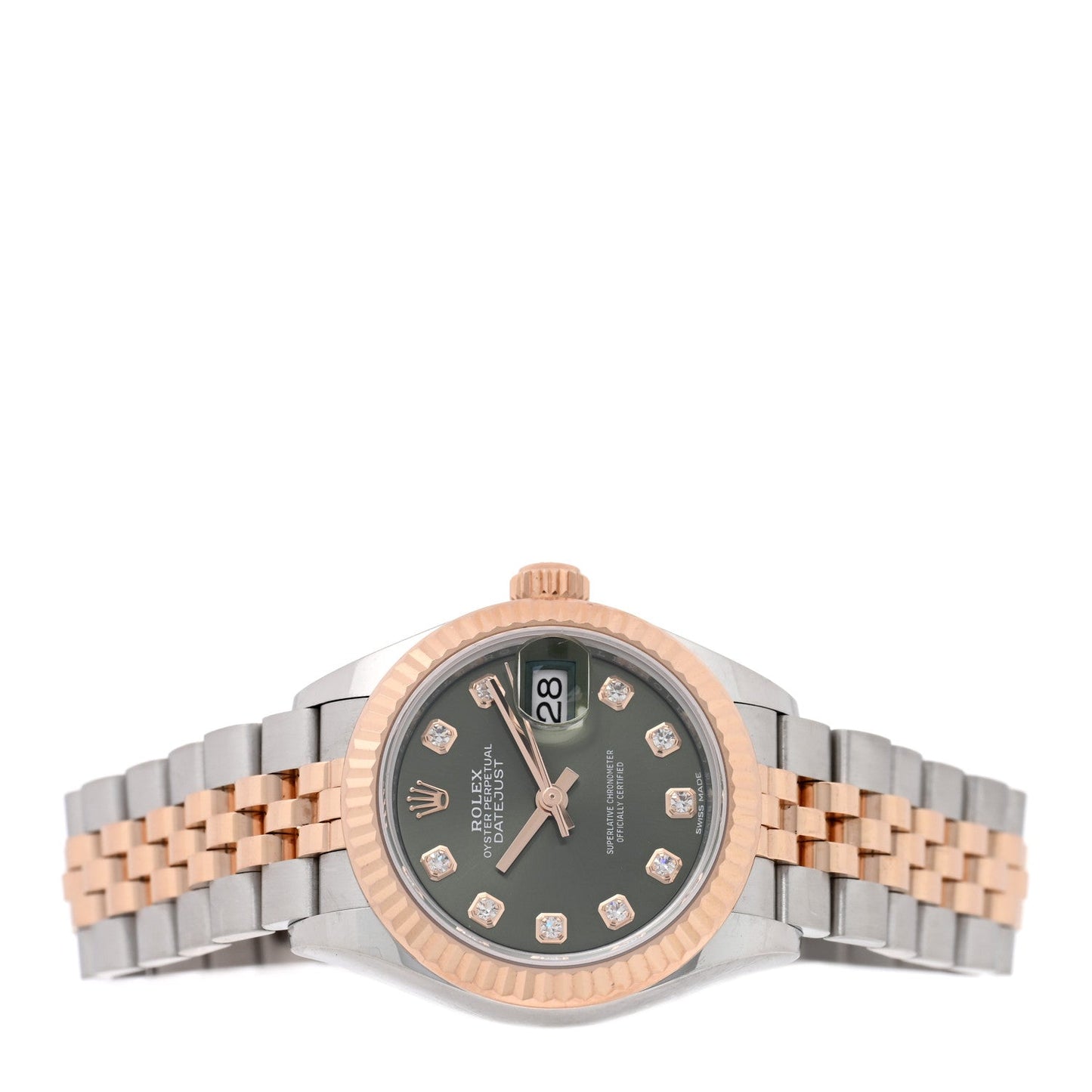 Stainless Steel 18K Everose Gold Diamond 28mm Oyster Perpetual Datejust Watch Green 279171
