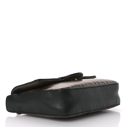 Glazed Fabric Vitello Century FF 1974 Stamp Patch Mini Double F Crossbody Bag Mogano Panna Black