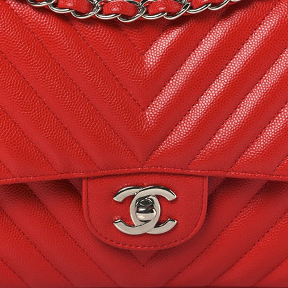 Caviar Chevron Quilted Medium Double Flap Red