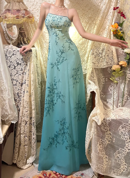 Gorgeous Spaghetti Straps Omber Blue Chiffon Beaded Mermaid Long Party Dress Evening Gown