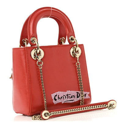 Calfskin Beaded Mini Lady Dior Rouge Multicolor