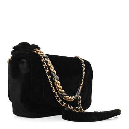 Velvet Quilted Small Camellia Flap Black