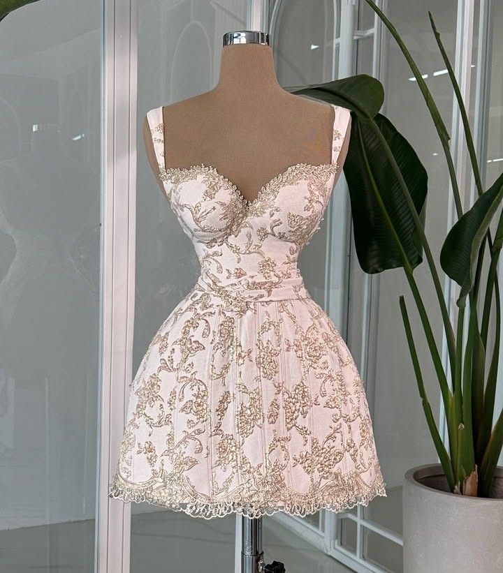 White satin suspenders printed high-end waist slimming A-line short skirt homecoming dress R4084