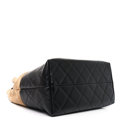Suede Shiny Lambskin Quilted Large Shopping Bag Beige Black
