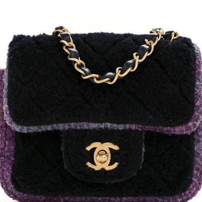 Shearling Tweed Quilted Mini Square Flap Bag Purple