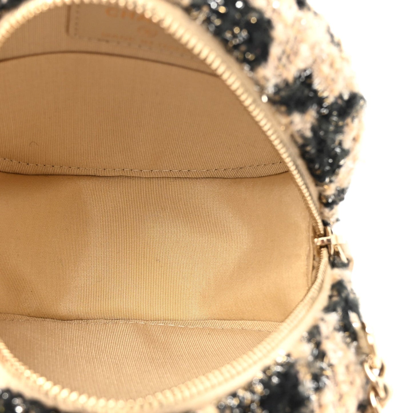 Tweed Shearling Round Clutch With Chain and Coin Purse Beige Black