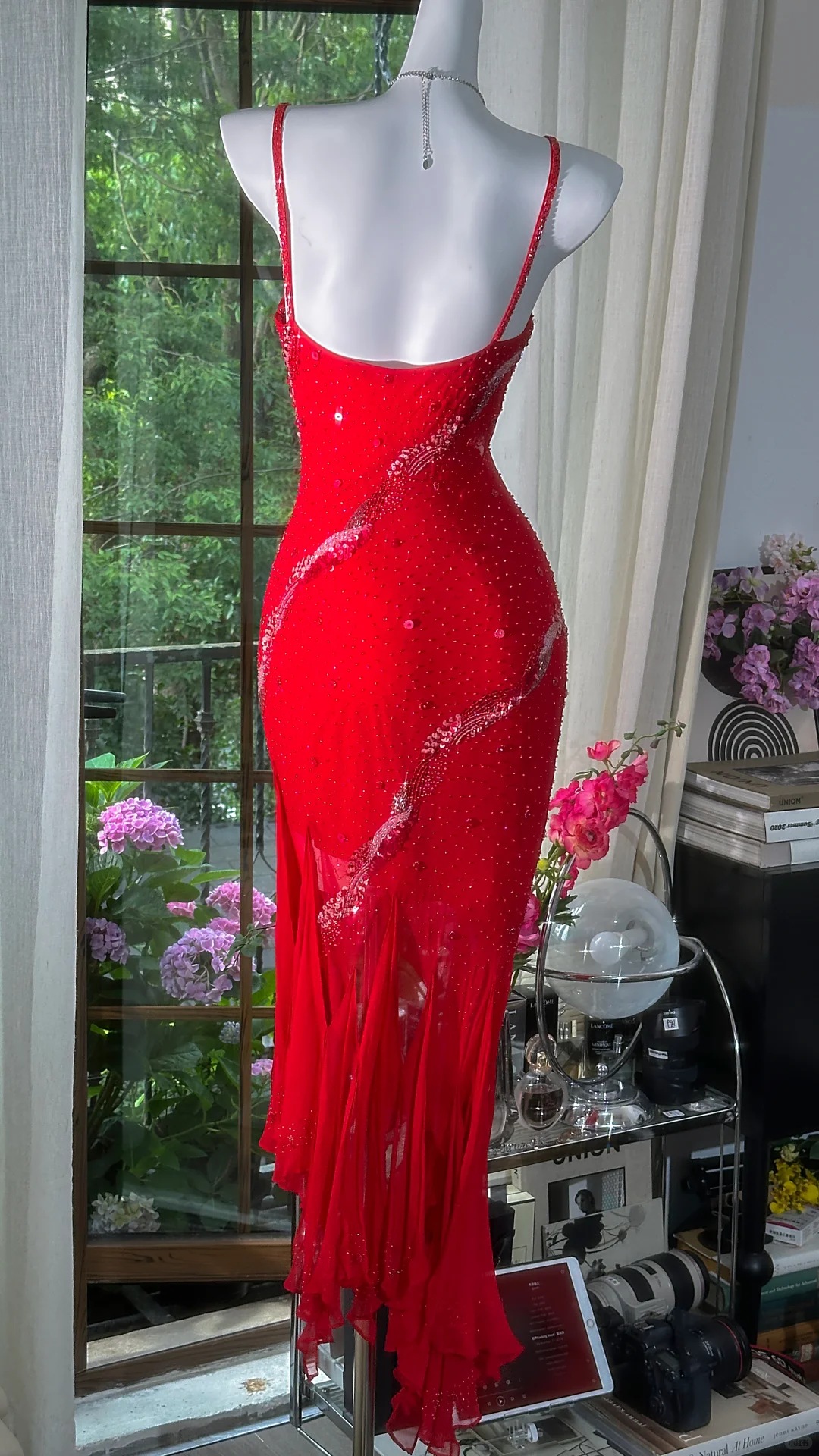 Charming Spaghetti Straps Red Chiffon Beaded Sheath Prom Dress Evening Gown
