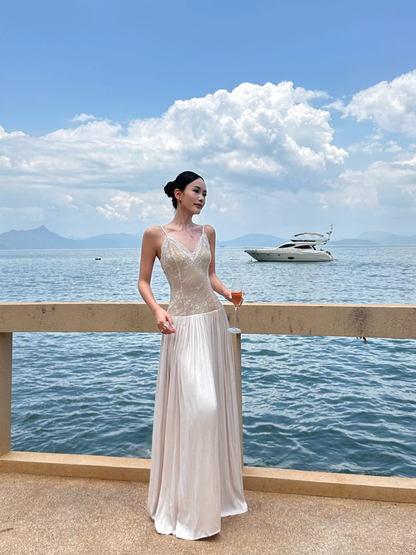 Unique Apricot Spaghetti Straps V Neck Lace Satin A Line Long Evening Dress Party Gown