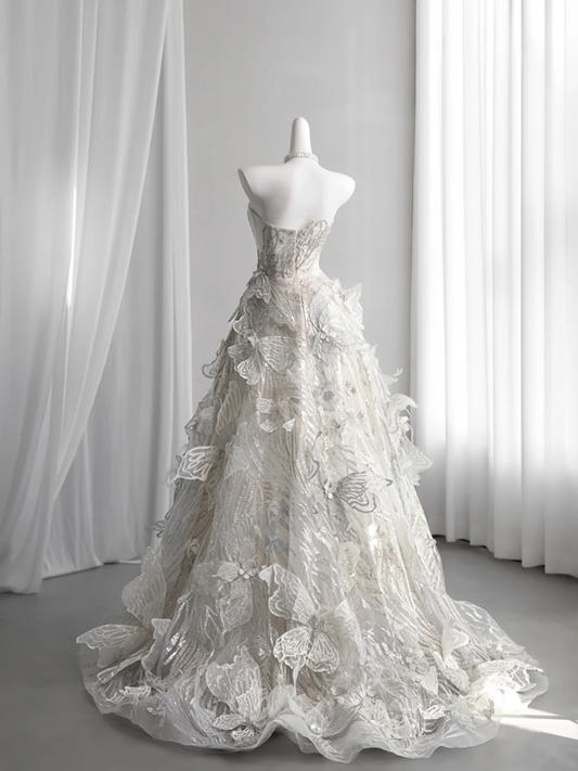 Ivory white strapless fitted waist butterfly-shaped full skirt ball gown, bridal dress R8429