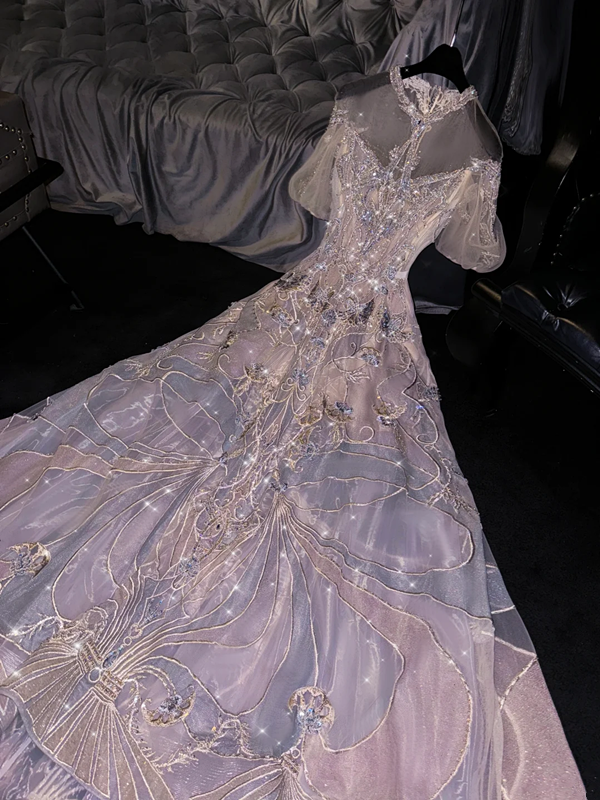 Light purple round neck fitted waist long ball gown/bridal dress R8740