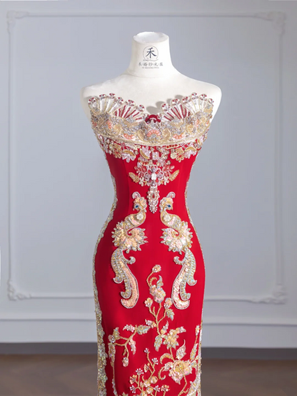 Red, heavy-duty strapless, fitted waist, vintage embroidered long ball gown/bridal dress R8254